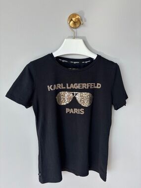Karl Lagerfeld Paris Gold Sequin Sunglasses Logo T-shirt.